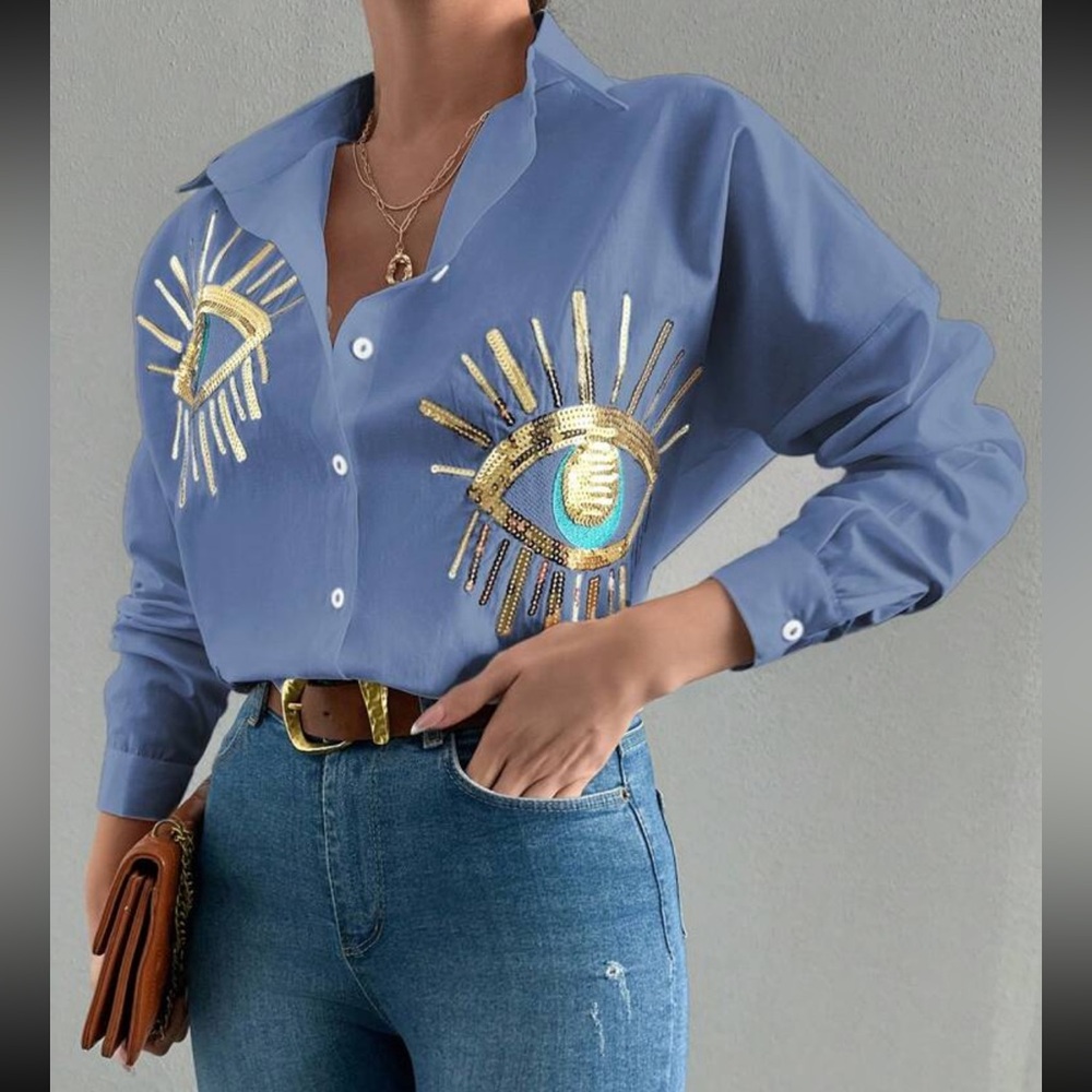 Boho blue eye embroidered button down long sleeve shirt - Picture 4 of 5